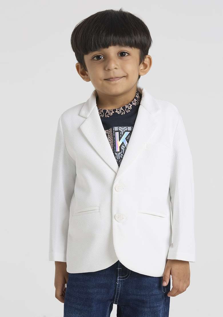 White Printed Lycra Suit Set For Boy - Indya