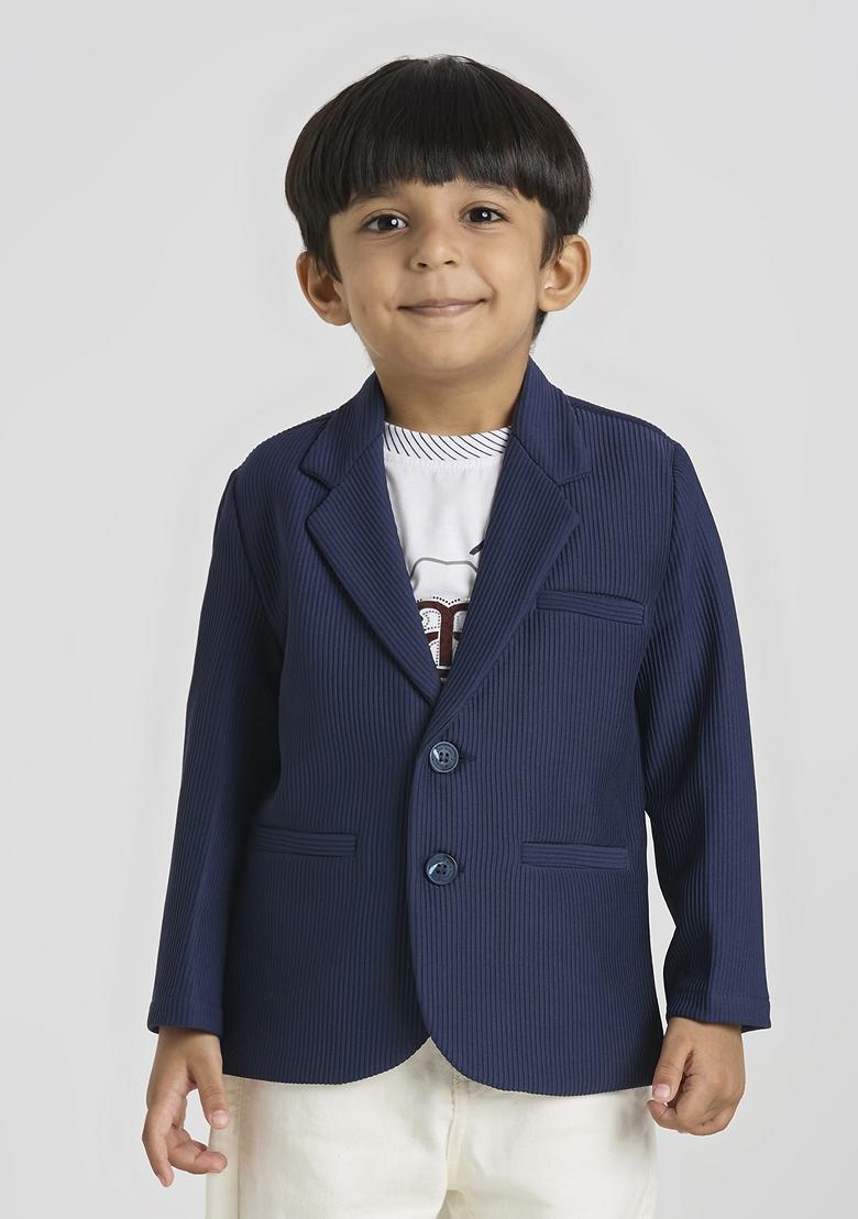 Navy Blue Printed Lycra Suit Set For Boy