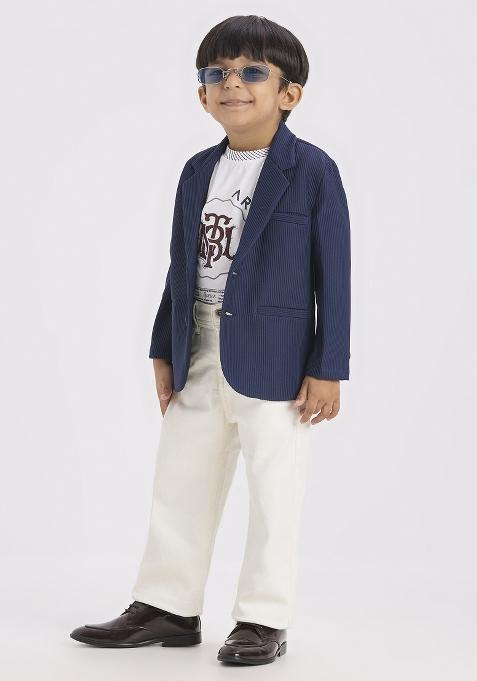 Navy Blue Printed Lycra Suit Set For Boy