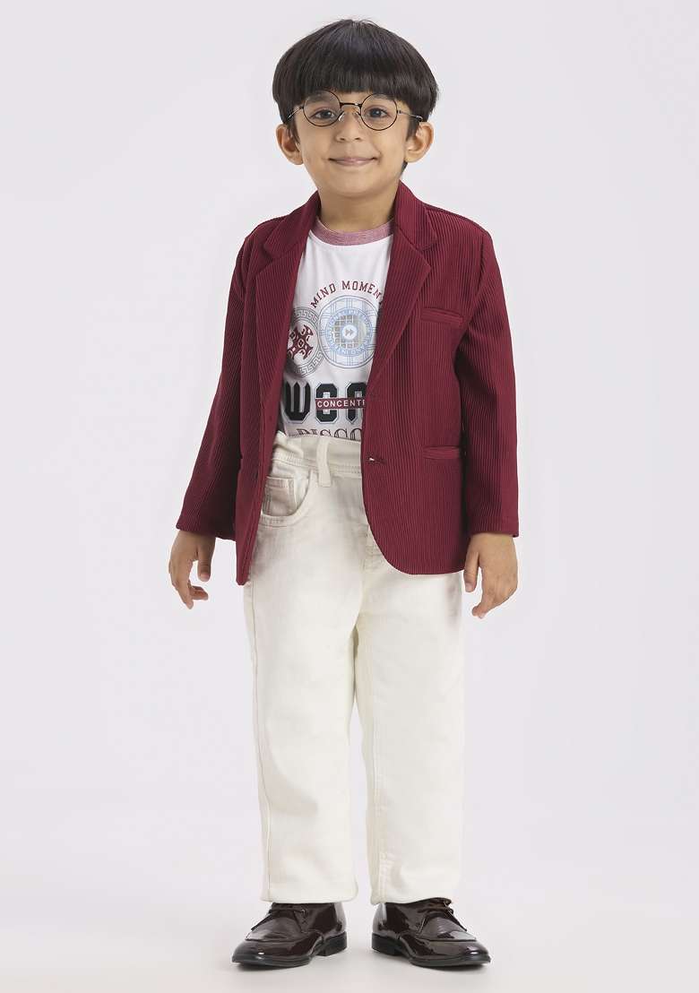 Maroon Printed Lycra Suit Set For Boy - Indya