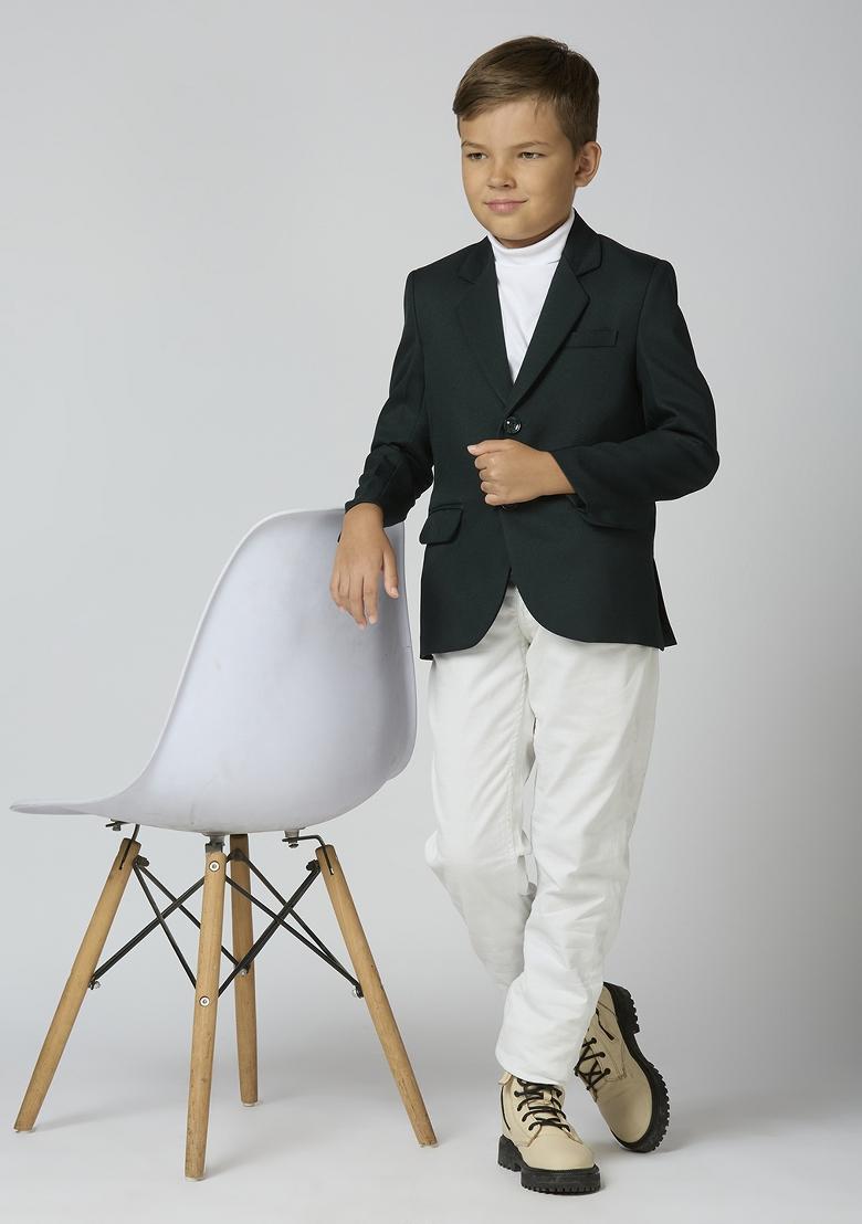 Bottle Green Solid Poly Cotton Blazer For Boy