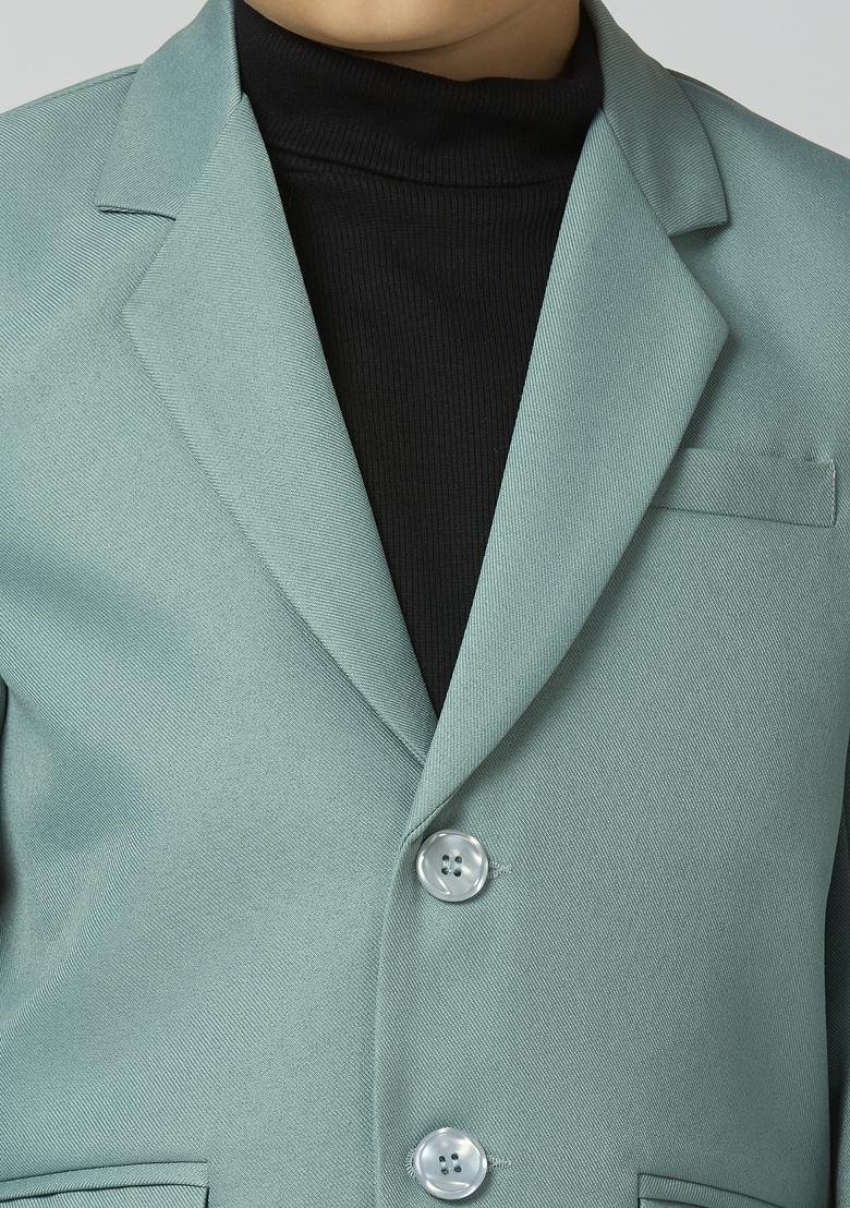 Sea Green Solid Poly Cotton Blazer For Boy