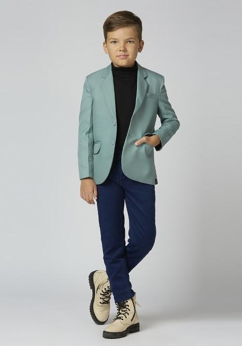 Sea Green Solid Poly Cotton Blazer For Boy
