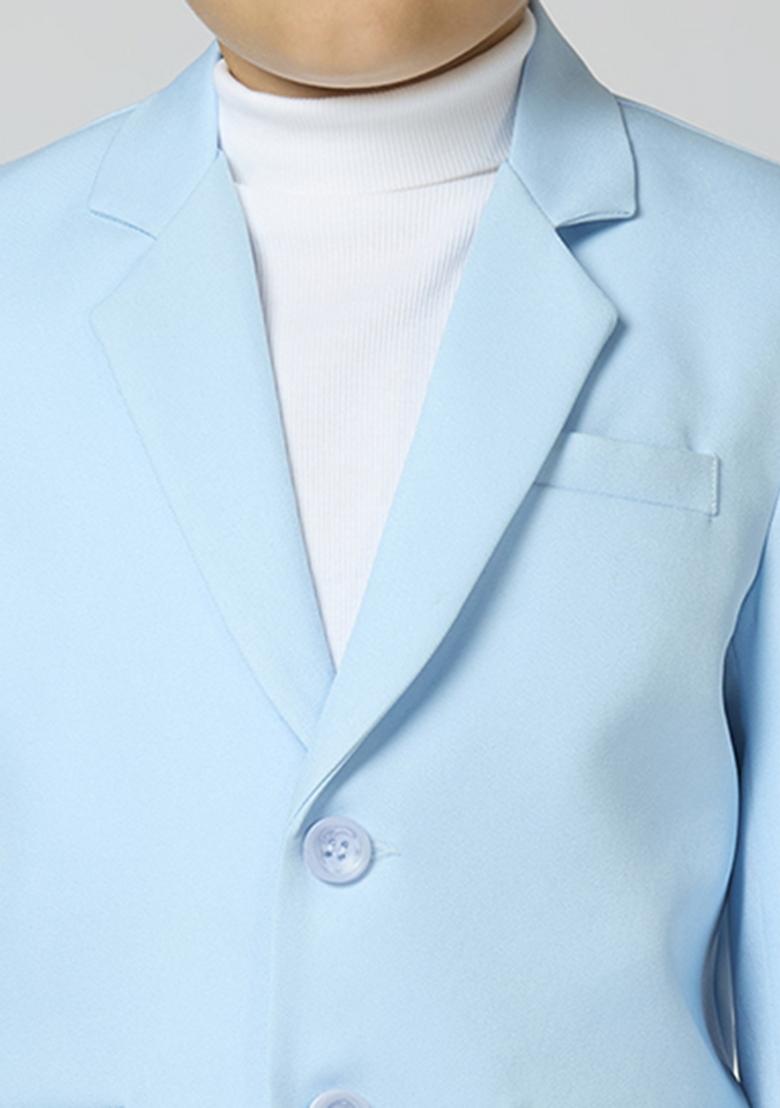 Sky Blue Solid Poly Cotton Blazer For Boy