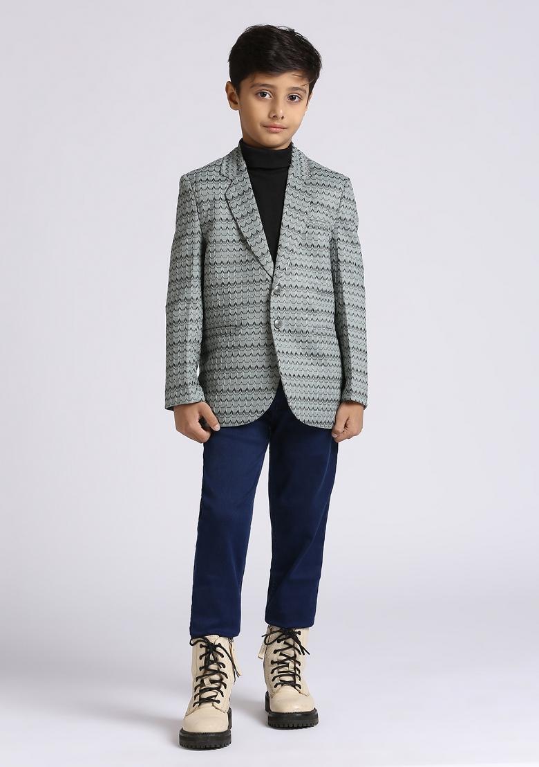 Green Textured Poly Cotton Blazer For Boy