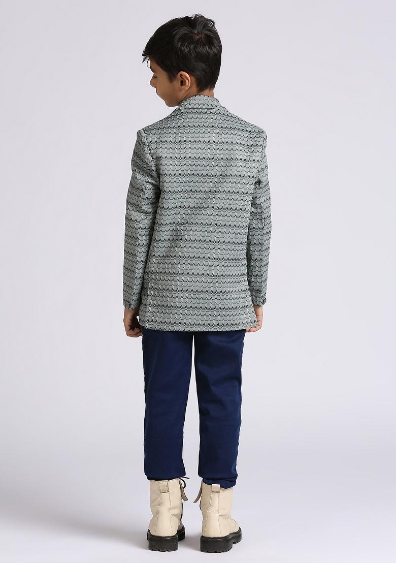 Green Textured Poly Cotton Blazer For Boy