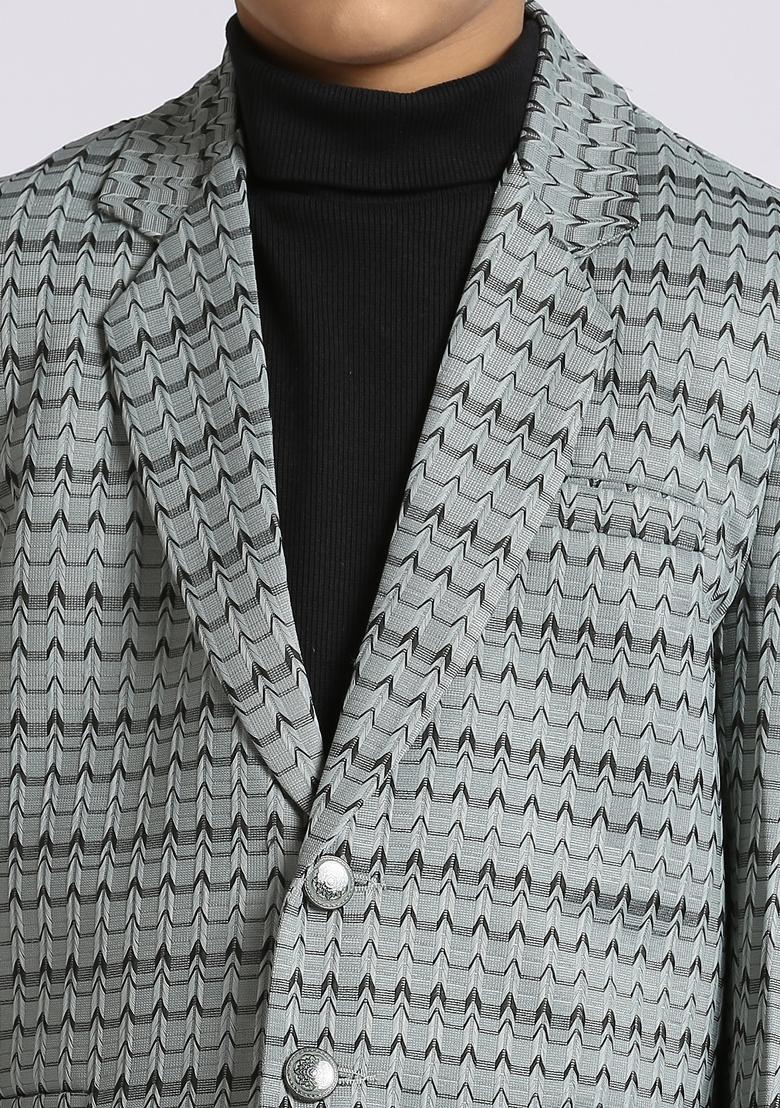 Green Textured Poly Cotton Blazer For Boy