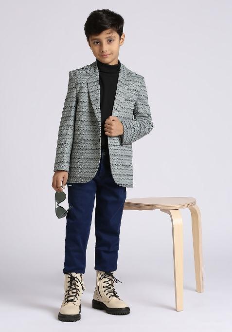 Green Textured Poly Cotton Blazer For Boy