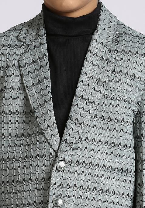 Green Textured Poly Cotton Blazer For Boy