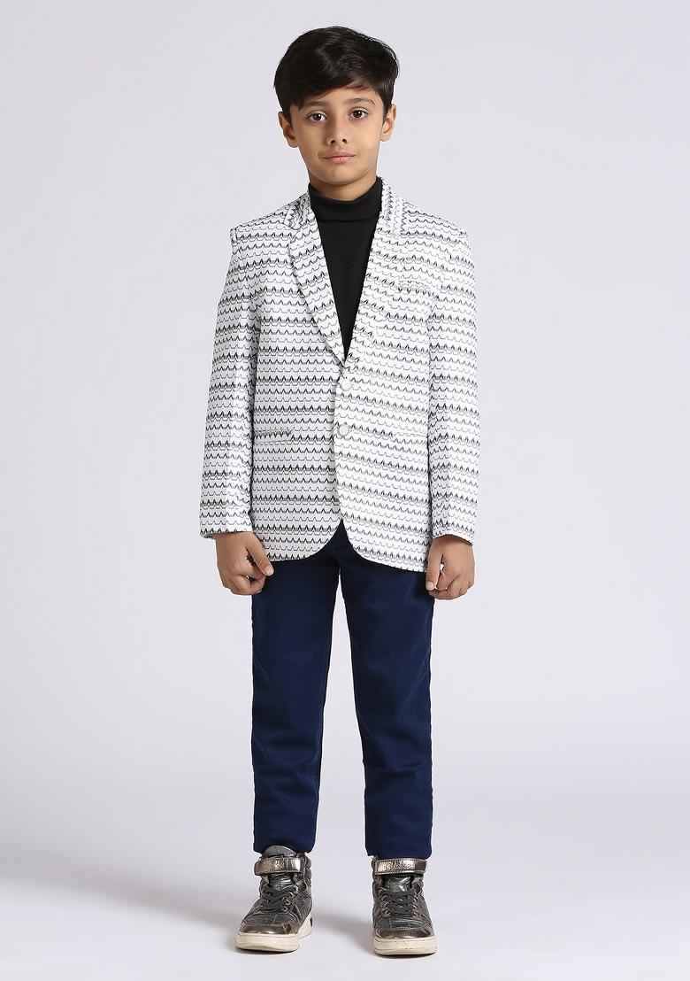 White Textured Poly Cotton Blazer For Boy