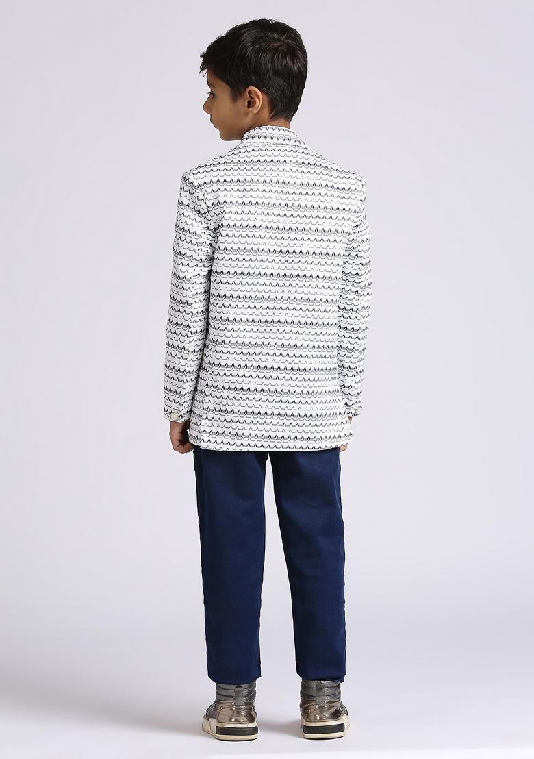 White Textured Poly Cotton Blazer For Boy