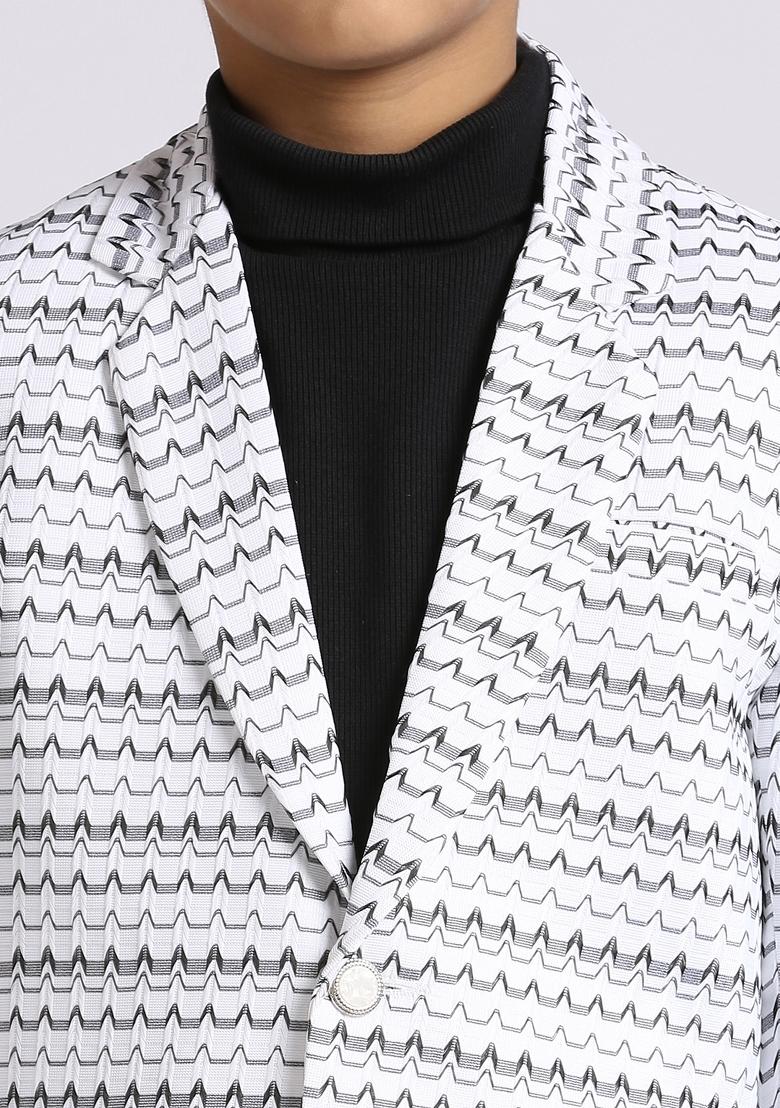 White Textured Poly Cotton Blazer For Boy