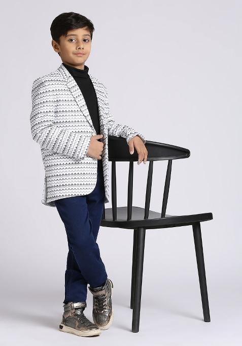 White Textured Poly Cotton Blazer For Boy