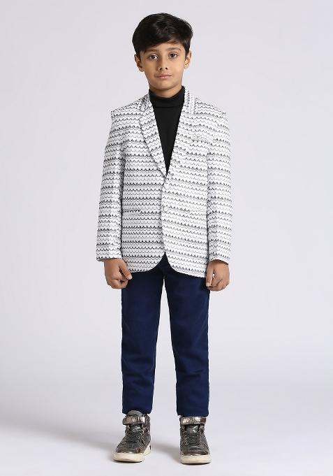White Textured Poly Cotton Blazer For Boy