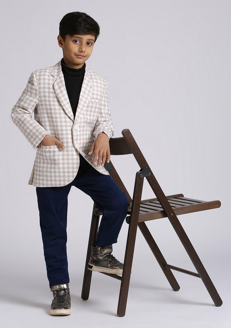 Fawn Orange Checked Linen Blazer For Boy
