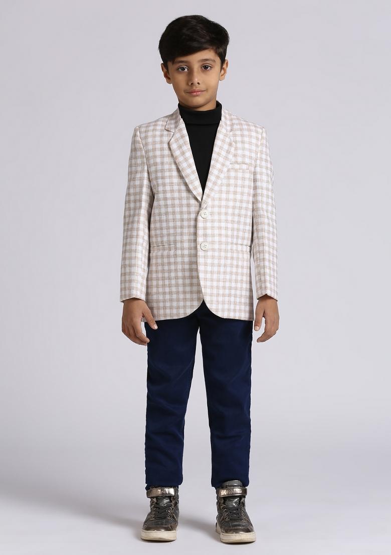 Fawn Orange Checked Linen Blazer For Boy