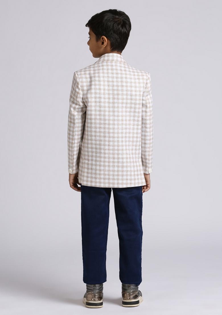 Fawn Orange Checked Linen Blazer For Boy