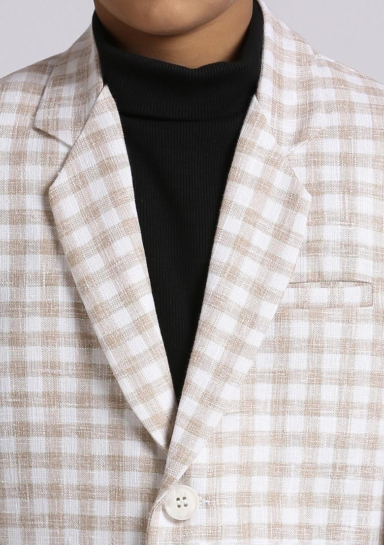 Fawn Orange Checked Linen Blazer For Boy