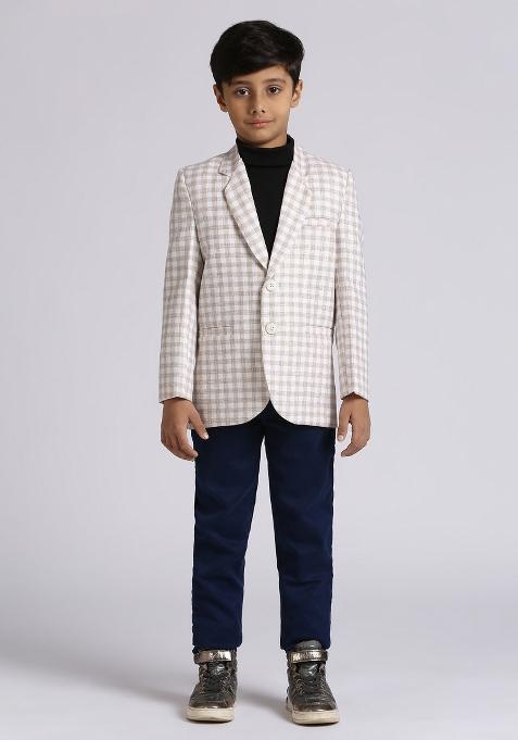Fawn Orange Checked Linen Blazer For Boy