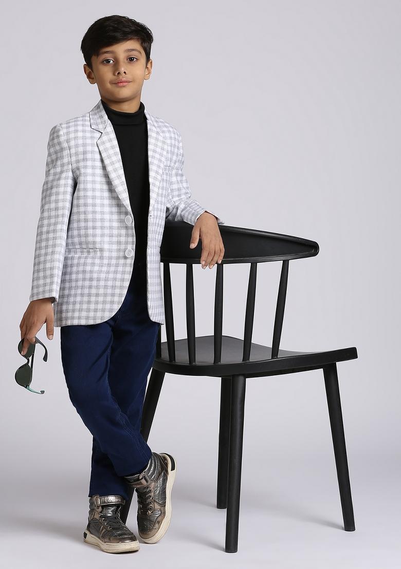 Grey Checked Linen Blazer For Boy