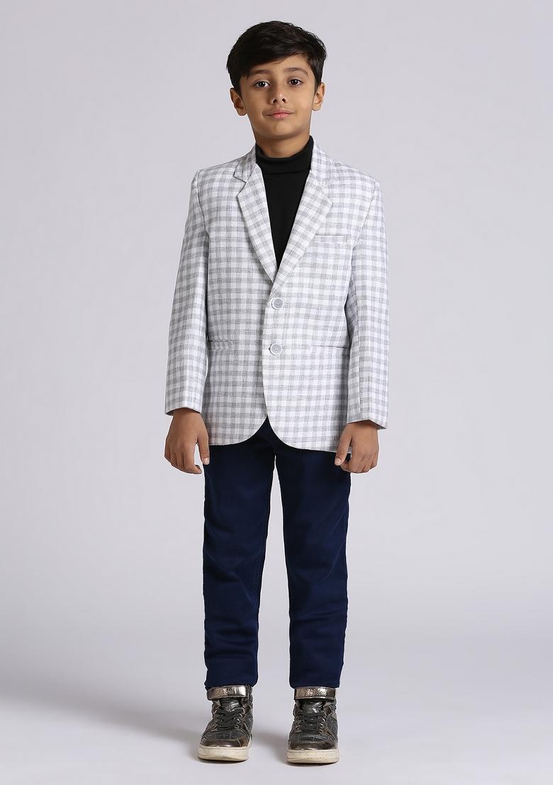 Grey Checked Linen Blazer For Boy