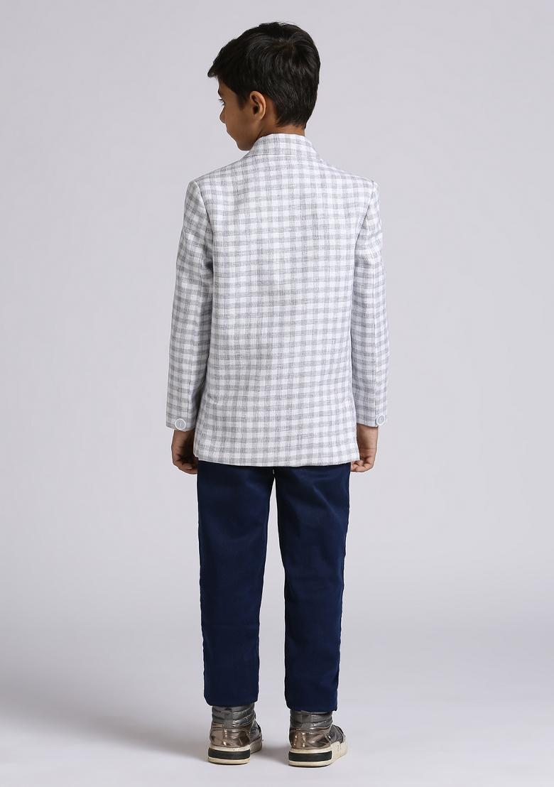 Grey Checked Linen Blazer For Boy