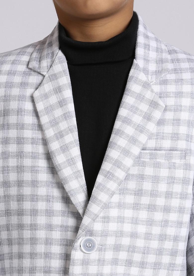 Grey Checked Linen Blazer For Boy