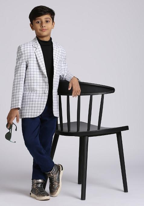 Grey Checked Linen Blazer For Boy