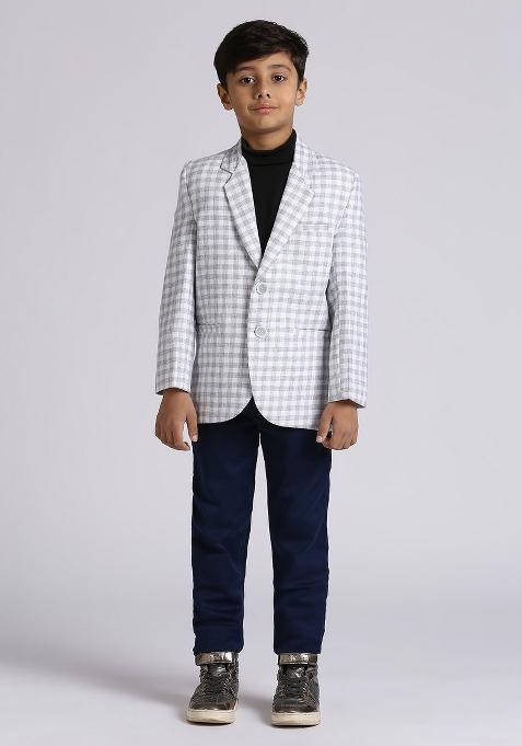 Grey Checked Linen Blazer For Boy