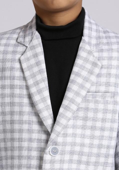 Grey Checked Linen Blazer For Boy