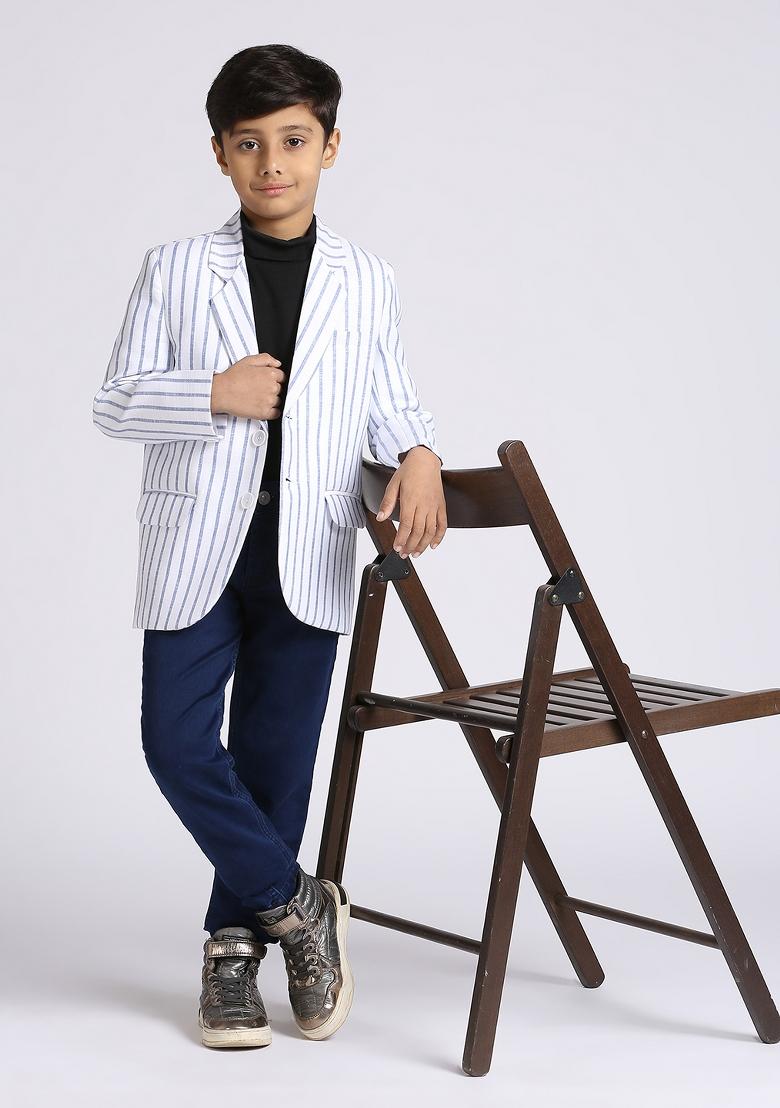 Blue Striped Linen Blazer For Boy