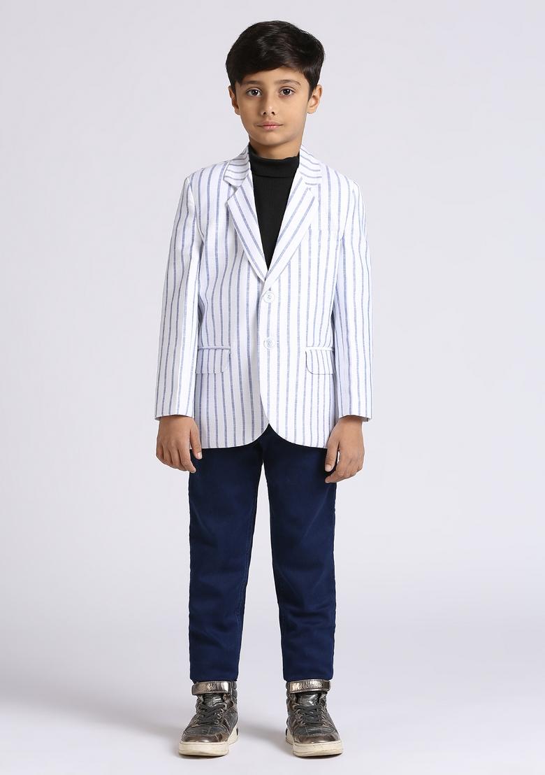 Blue Striped Linen Blazer For Boy