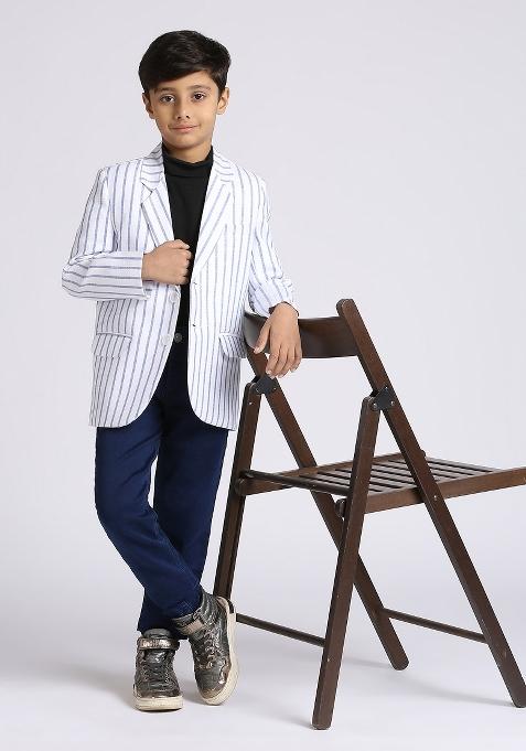 Blue Striped Linen Blazer For Boy