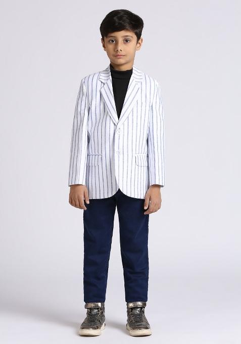 Blue Striped Linen Blazer For Boy