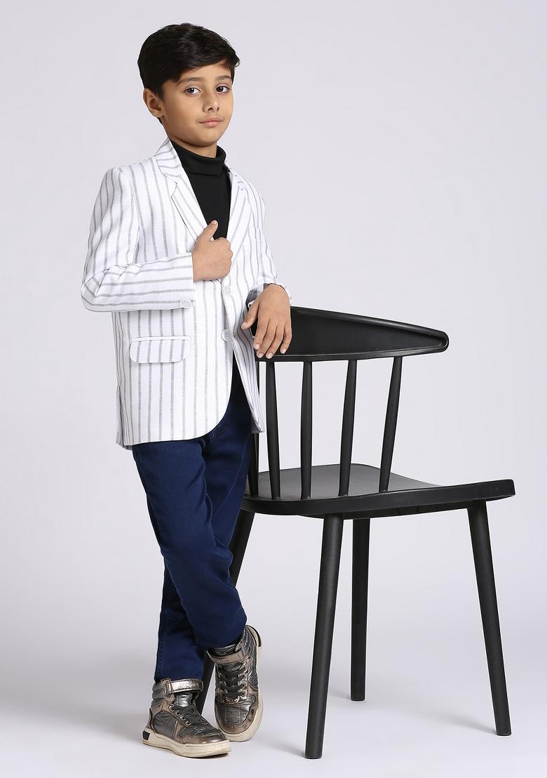 White Striped Linen Blazer For Boy