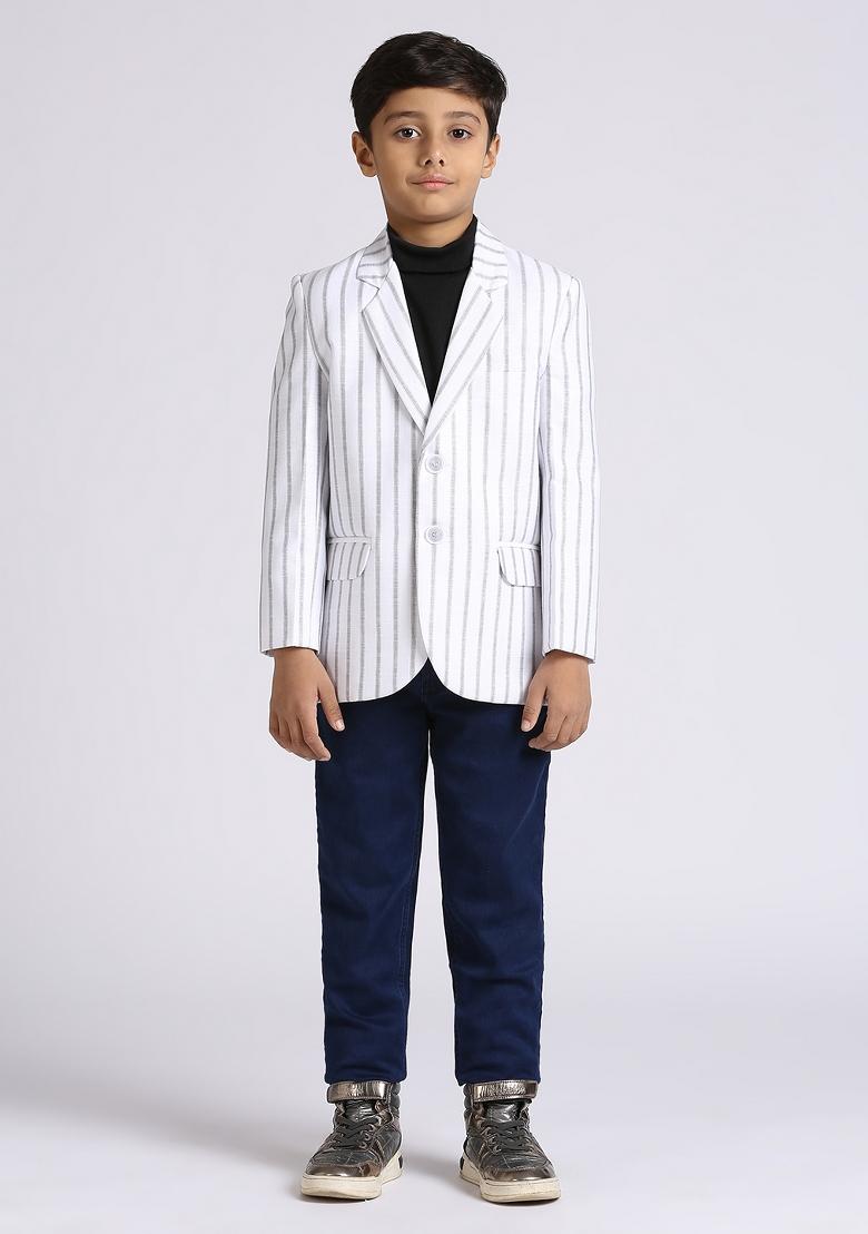 White Striped Linen Blazer For Boy