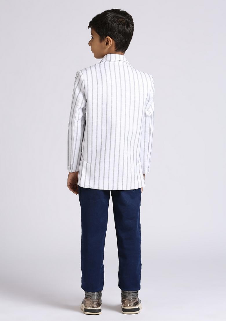 White Striped Linen Blazer For Boy