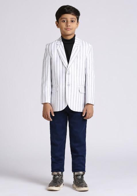 White Striped Linen Blazer For Boy