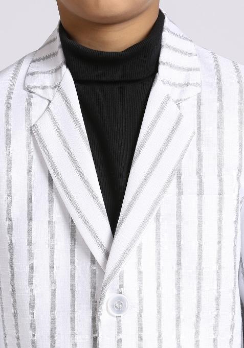 White Striped Linen Blazer For Boy
