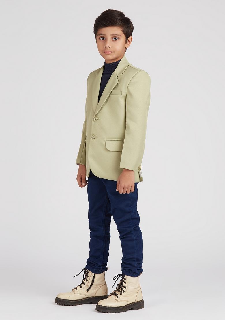 Pista Green Solid Poly Cotton Blazer For Boy