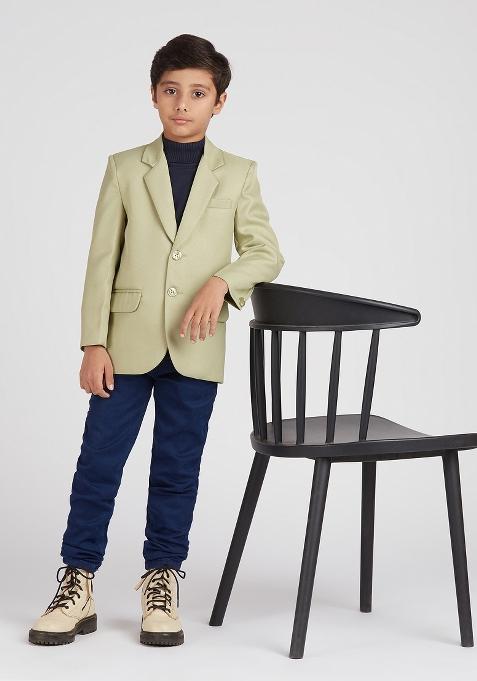 Pista Green Solid Poly Cotton Blazer For Boy