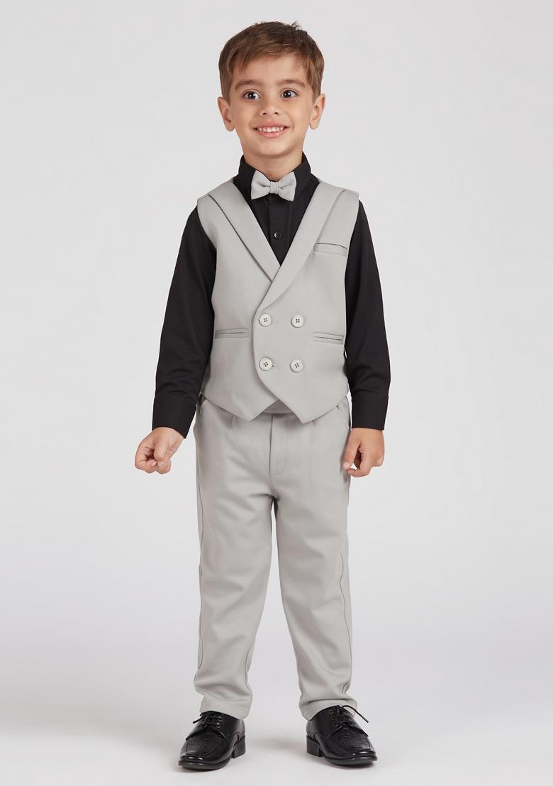 Grey Printed Lycra Nehru Jacket Set For Boy
