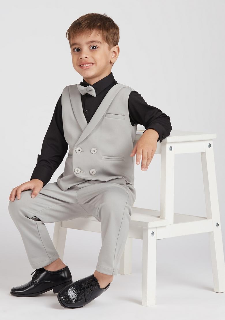 Grey Printed Lycra Nehru Jacket Set For Boy