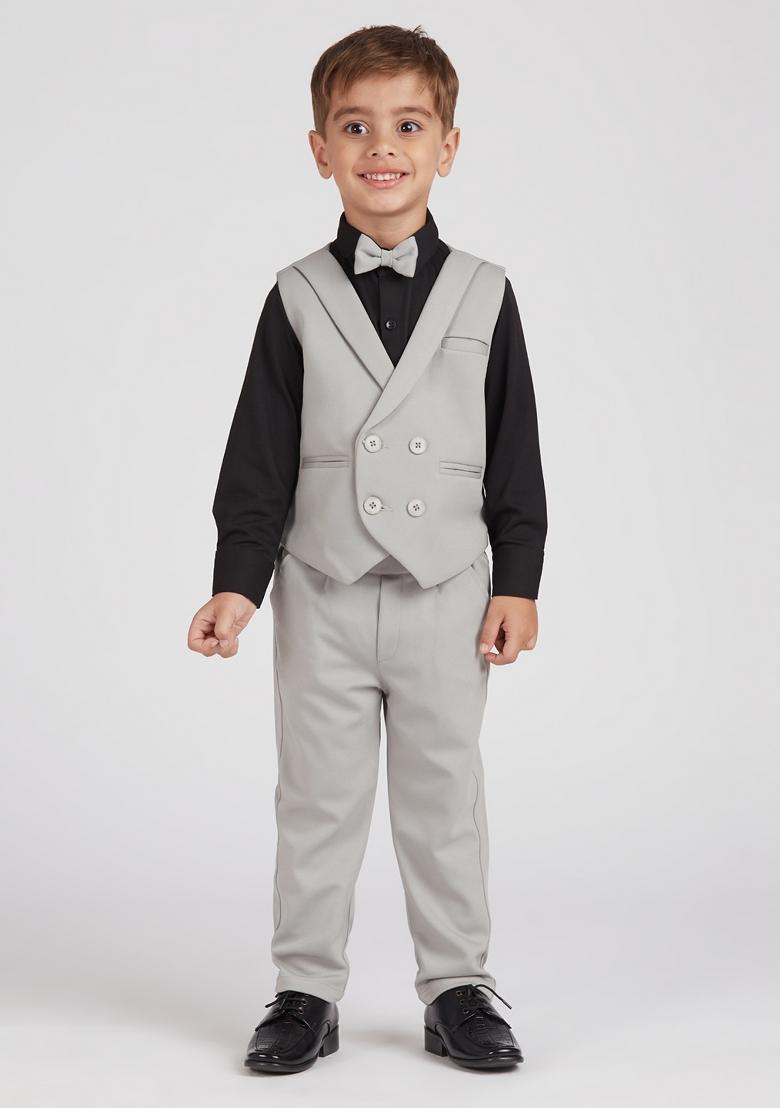 Grey Printed Lycra Nehru Jacket Set For Boy