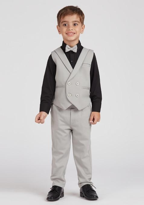 Grey Printed Lycra Nehru Jacket Set For Boy