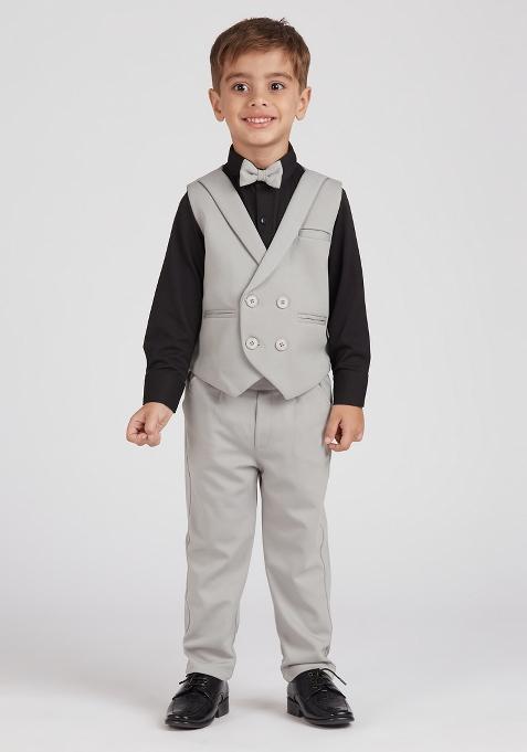 Grey Printed Lycra Nehru Jacket Set For Boy