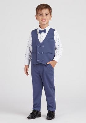 Blue Printed Lycra Nehru Jacket Set For Boy