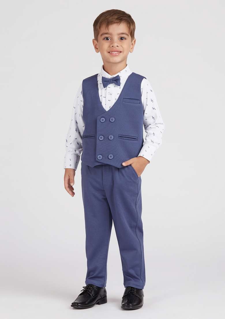 Blue Printed Lycra Nehru Jacket Set For Boy - Indya