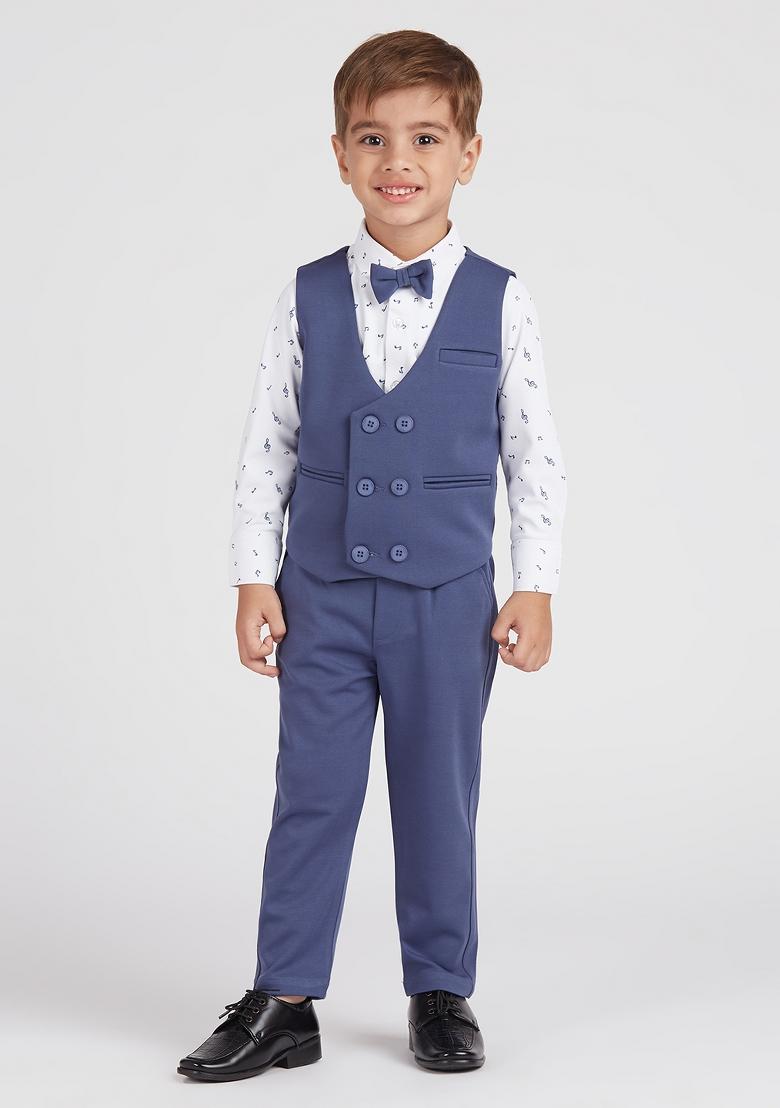 Blue Printed Lycra Nehru Jacket Set For Boy