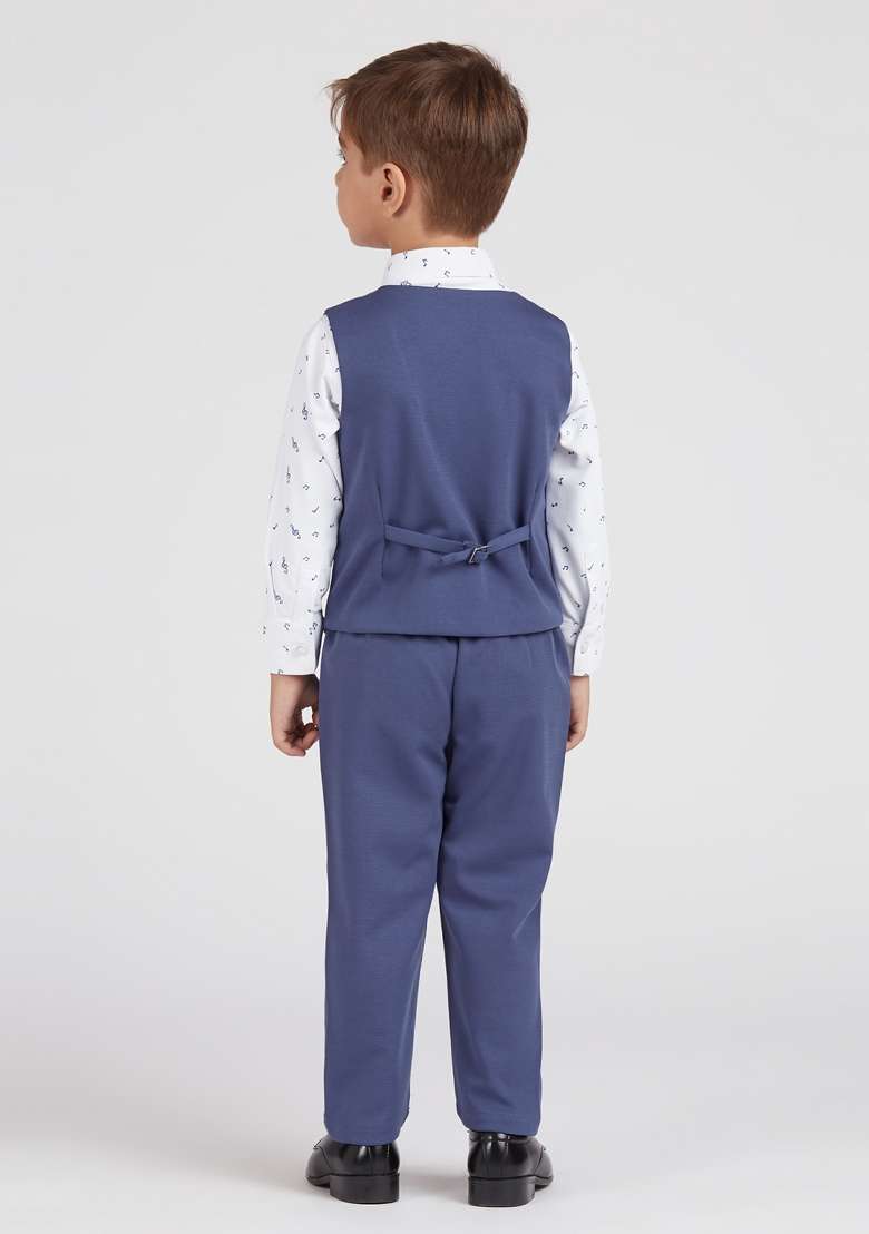 Blue Printed Lycra Nehru Jacket Set For Boy - Indya